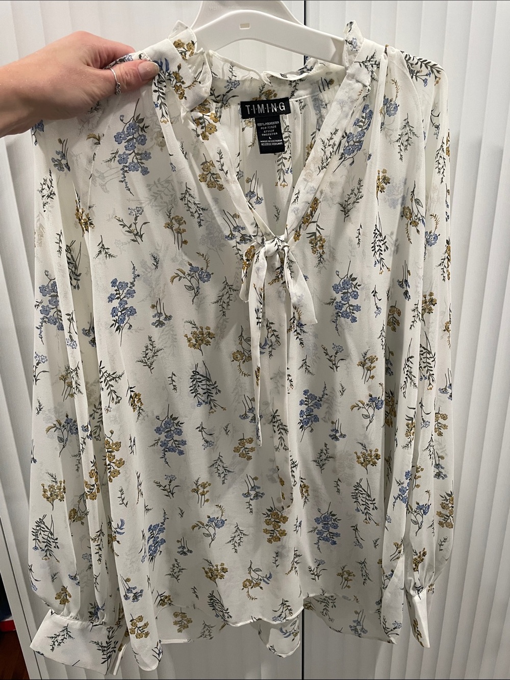 Timing Cream Tie-Neck Floral Blouse with Blue & Mustard Sprigs